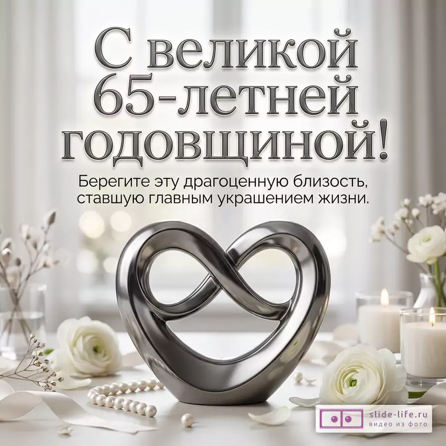 Светлый размытый фон, серебристая декоративная надпись «С великой 65-летней годовщиной! Берегите эту драгоценную близость, ставшую главным украшением жизни.», металлическая фигура в форме сердца, белые розы, свечи, жемчуг