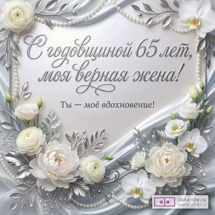 Серебристо-белая открытка с цветами, жемчужными нитями и декоративной рамкой, текст «С годовщиной 65 лет, моя верная жена! Ты — вдохновение, пройденное вместе с тобой.»