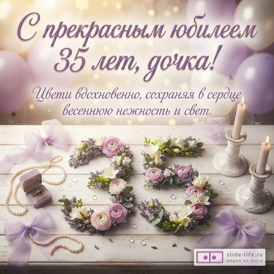 Цифра 35 из цветов на деревянном столе со свечами, бантами и жемчугом. Вверху надпись: «С прекрасным юбилеем 35 лет, дочка! Цвети вдохновенно, сохраняя в сердце весеннюю нежность и свет.»