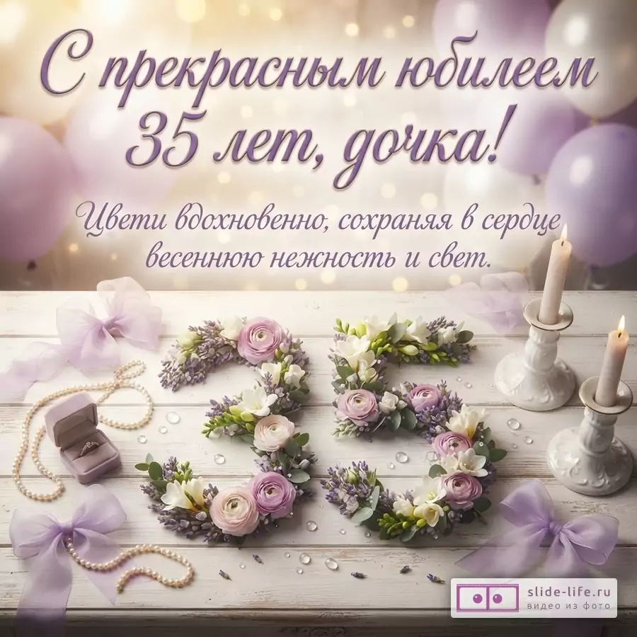 Цифра 35 из цветов на деревянном столе со свечами, бантами и жемчугом. Вверху надпись: «С прекрасным юбилеем 35 лет, дочка! Цвети вдохновенно, сохраняя в сердце весеннюю нежность и свет.»