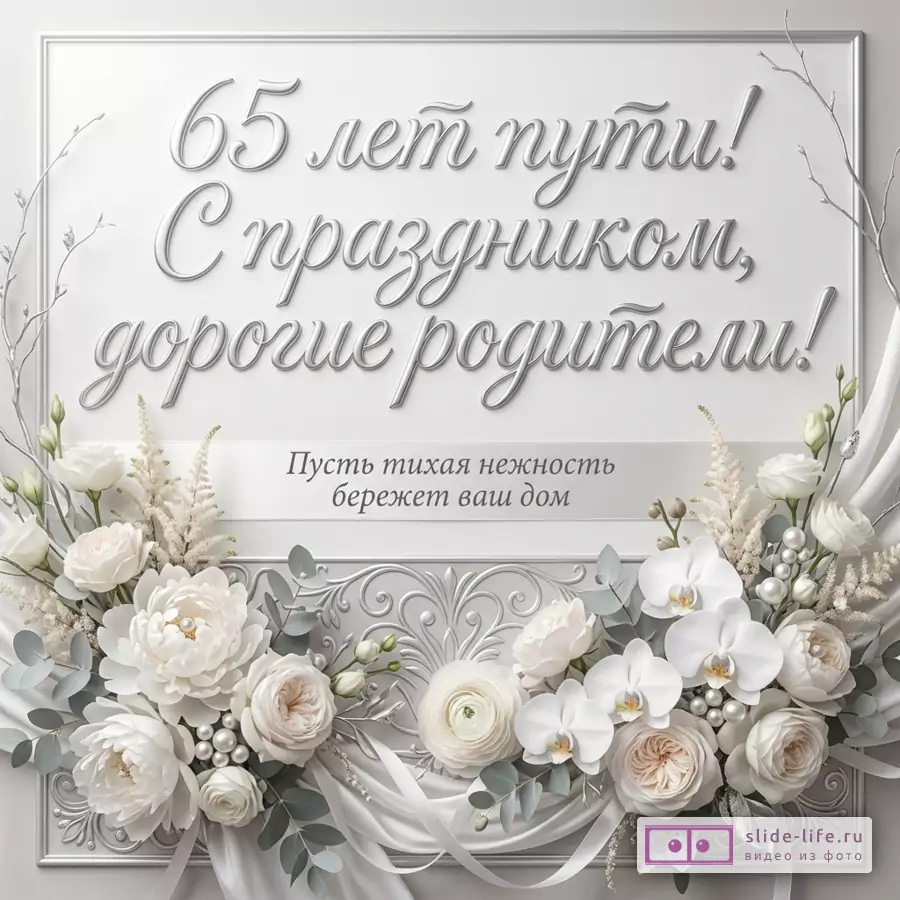 Светло-серая открытка с белыми цветами, жемчужными нитями, декоративными рамками и текстом «65 лет пути: С праздником, родители! Пусть тихая нежность бережет ваш дом.»