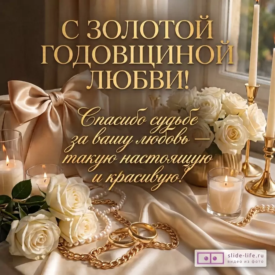 Золотисто-бежевый фон, свечи, белые розы, кольца и жемчуг; текст «С ЗОЛОТОЙ ГОДОВЩИНОЙ ЛЮБВИ!» и «Спасибо судьбе за вашу любовь — такую настоящую и красивую!»