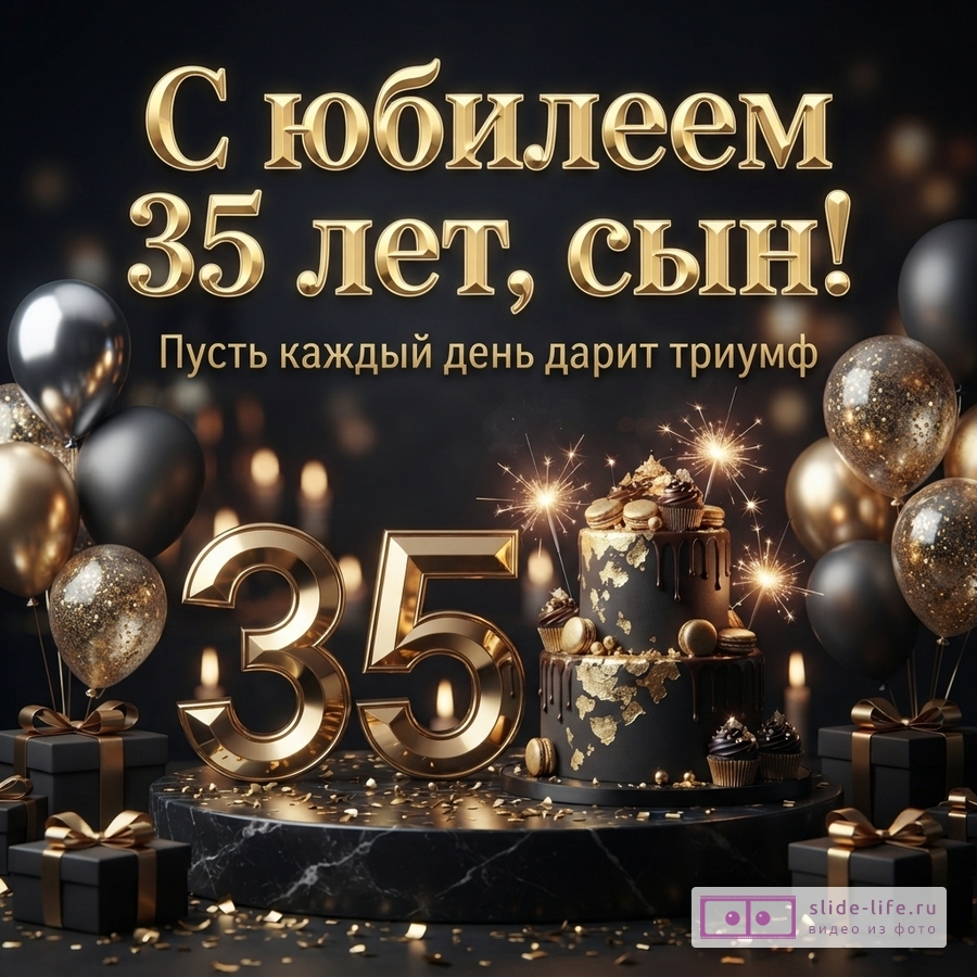 Черно-золотой праздничный торт с бенгальскими огнями, цифра 35, шары, подарки и надпись «С юбилеем 35 лет, сын! Пусть каждый день дарит триумф».