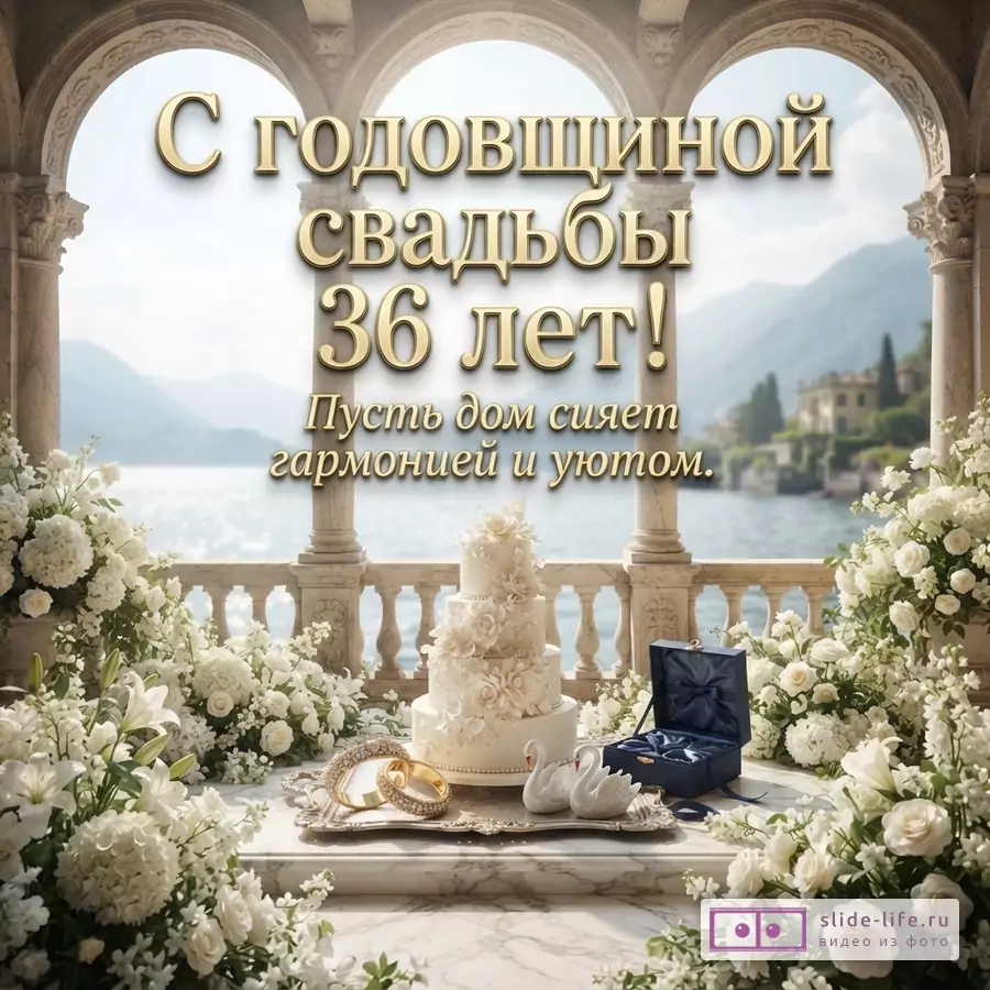 Открытка с видом на озеро и горы, на переднем плане стол с белым многоярусным тортом, обручальными кольцами и белыми цветами. Текст: «С годовщиной свадьбы 36 лет! Пусть дом сияет гармонией и уютом»