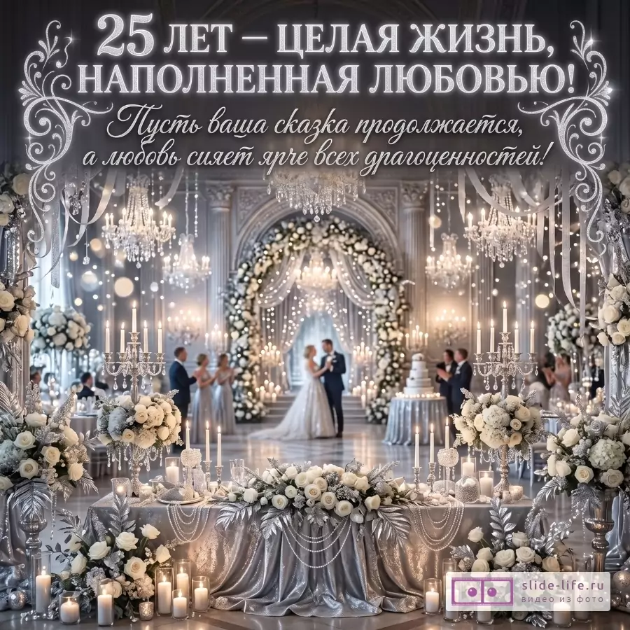 Серебристо-белый свадебный зал с люстрами, свечами и цветами; жених и невеста. Текст: «25 ЛЕТ — ЦЕЛАЯ ЖИЗНЬ, НАПОЛНЕННАЯ ЛЮБОВЬЮ!»