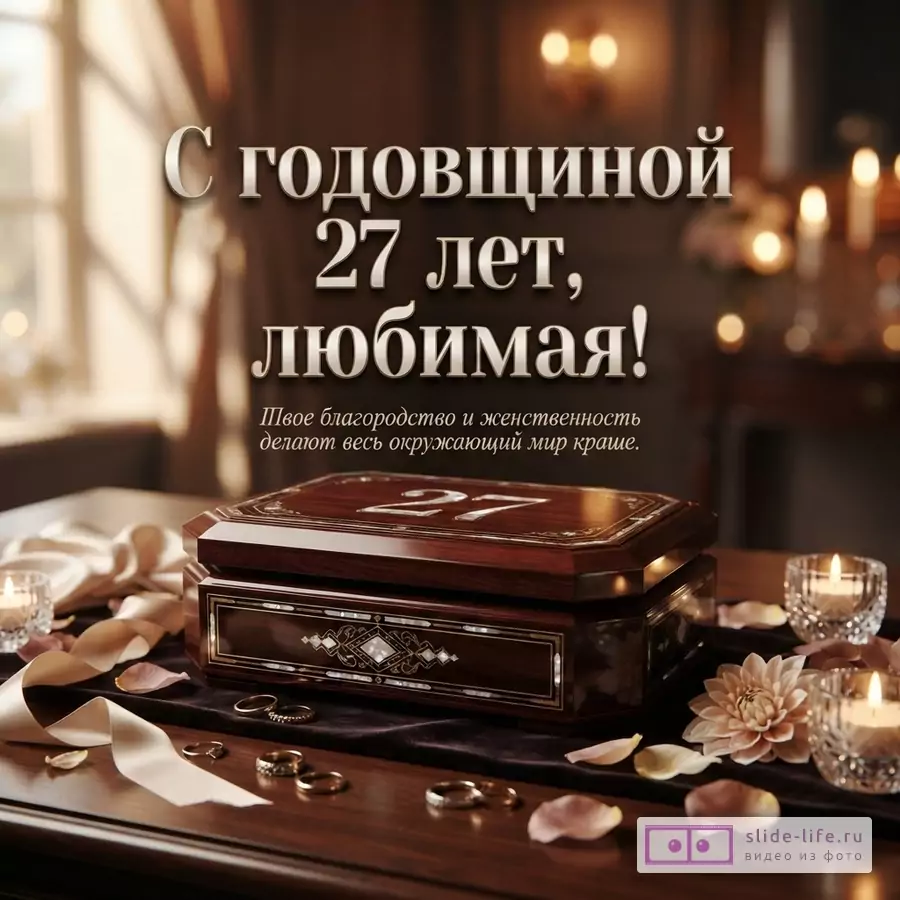 Коричневый фон, свечи, шкатулка. Текст: «С годовщиной 27 лет, любимая! Твое благородство и женственность делают весь окружающий мир краше.»