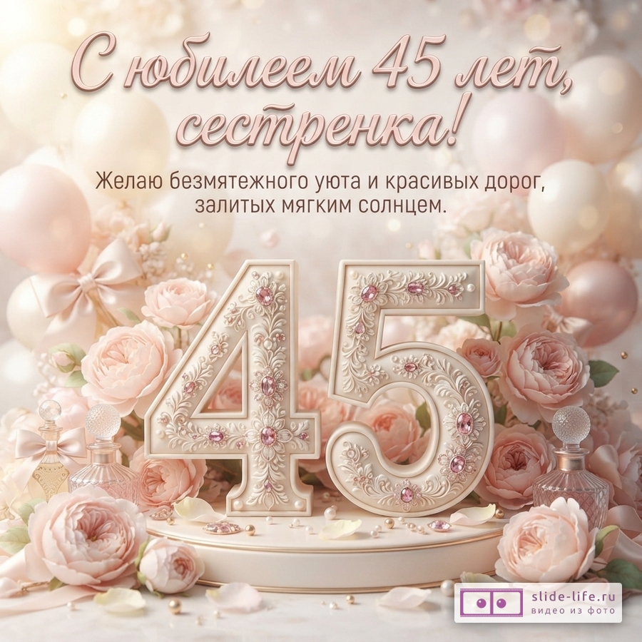 Фон светло-бежевый, розовый. Воздушные шары, розы, бантики. Цифры 45 бежевые с розовыми камнями. Текст «С юбилеем 45 лет, сестренка! Желаю безмятежного уюта и красивых дорог, залитых мягким солнцем.»