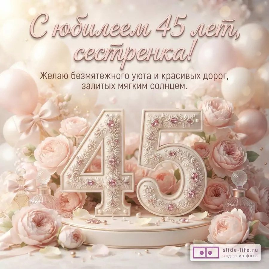 Фон светло-бежевый, розовый. Воздушные шары, розы, бантики. Цифры 45 бежевые с розовыми камнями. Текст «С юбилеем 45 лет, сестренка! Желаю безмятежного уюта и красивых дорог, залитых мягким солнцем.»