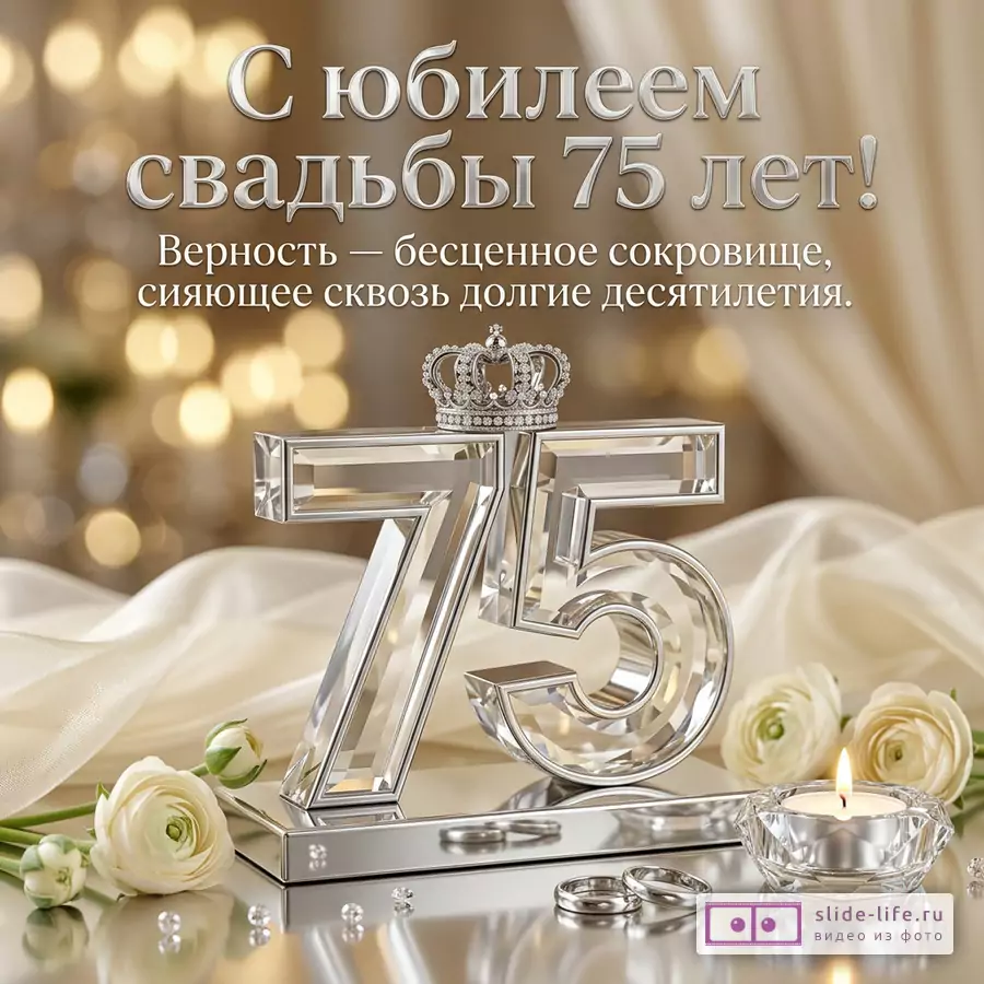 Хрустальная цифра 75 с короной, обручальные кольца, свеча и белые цветы на бежевом фоне. Надпись: «С юбилеем свадьбы 75 лет! Верность — бесценное сокровище, сияющее сквозь долгие десятилетия.»