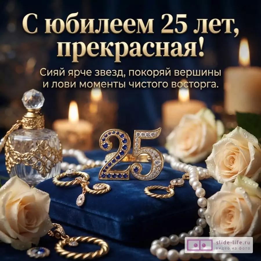 Синий бархатный футляр с золотой цифрой 25, ювелирными украшениями, белыми розами и жемчугом на фоне свечей, надпись «С юбилеем 25 лет, прекрасная! Сияй ярче звезд, покоряй вершины и лови моменты чистого восторга.»