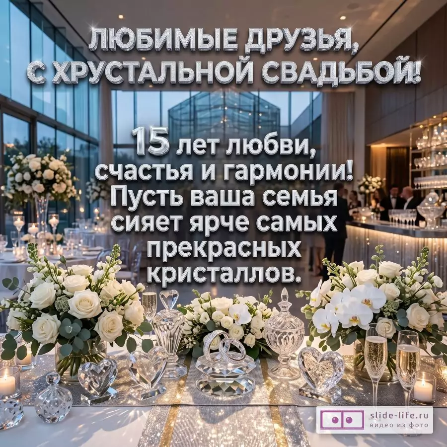 Светлый банкетный зал в бежево-серых тонах, белые розы и хрустальные декоры. Текст: «Любимые друзья, с хрустальной свадьбой! 15 лет любви, счастья и гармонии! Пусть ваша семья сияет ярче самых прекрасных кристаллов.»