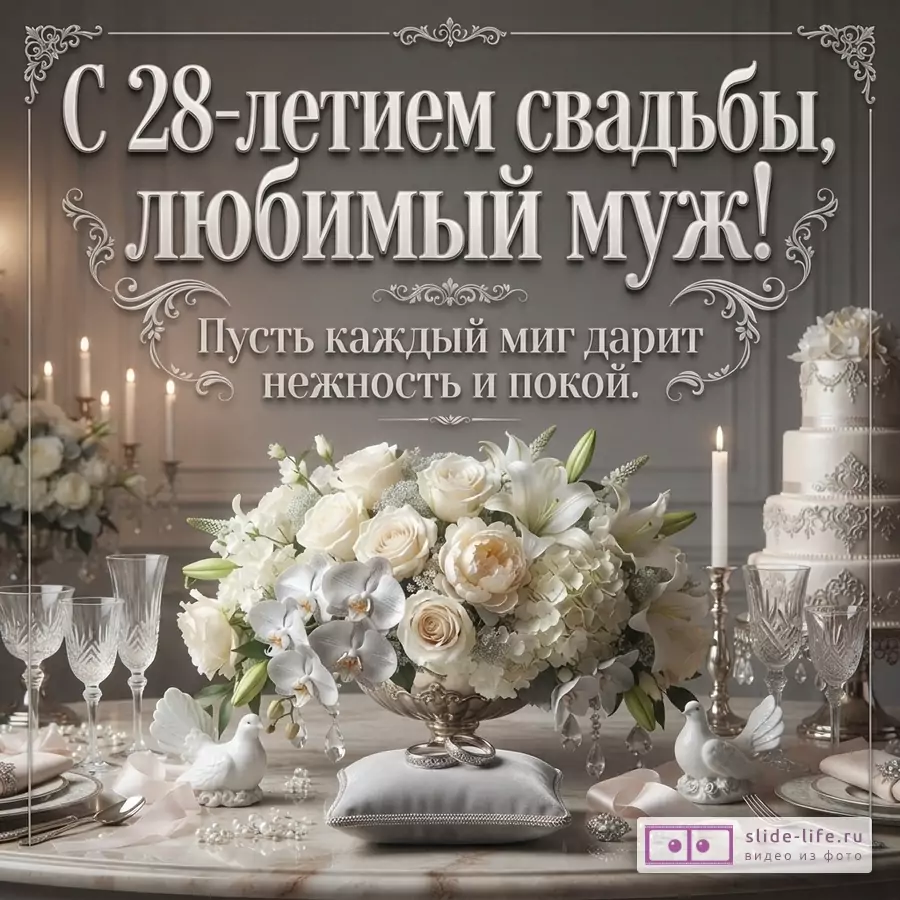 Серый фон, на переднем плане праздничный стол с белыми цветами, свечами, бокалами и свадебным тортом. Текст: «С 28-летием свадьбы, любимый муж! Пусть каждый миг дарит нежность и покой.»