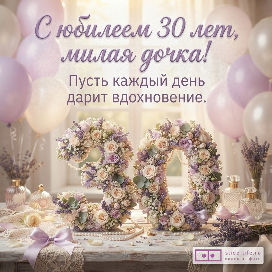 Объемная цифра 30 из роз и лаванды на столе среди флаконов духов и воздушных шаров с текстом «С юбилеем 30 лет, милая дочка! Пусть каждый день дарит вдохновение.».