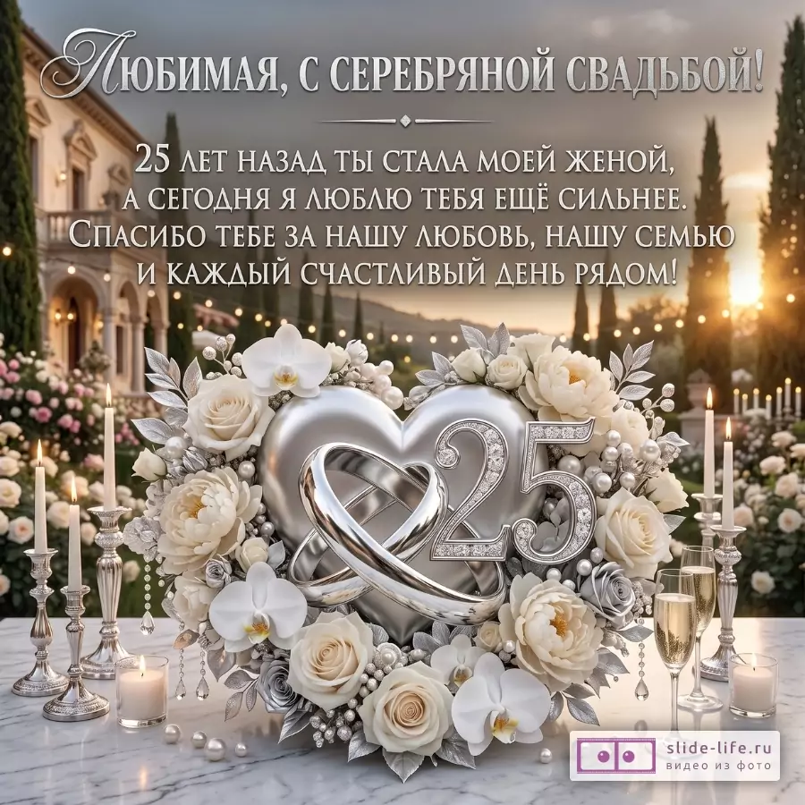 Серо-золотистый фон с закатным небом, виллой и свечами, бело-серебряная композиция из цветов, сердца, колец и числа 25. Текст: «Любимая, с серебряной свадьбой!»
