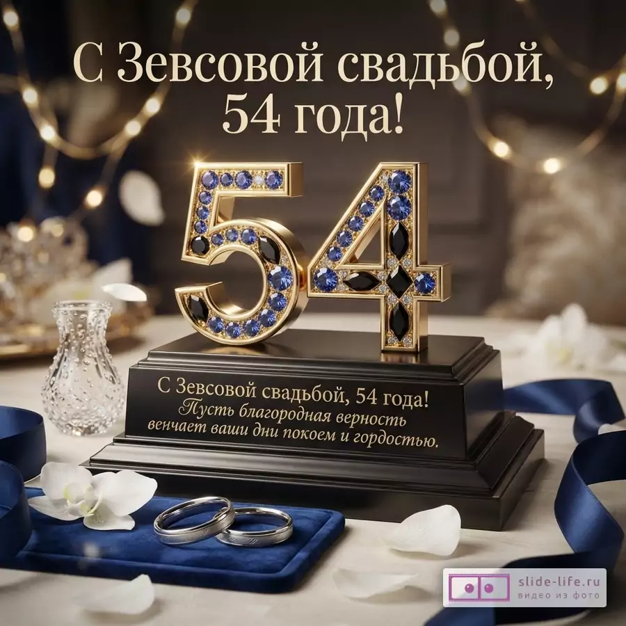 Золотые цифры «54» с синими и черными камнями на черной подставке, на фоне размытых огоньков. Внизу два обручальных кольца на синей подушечке, белые лепестки и синяя лента. Текст: «С Зевсовой свадьбой, 54 года! Пусть благородная верность венчает ваши дни покоем и гордостью.»