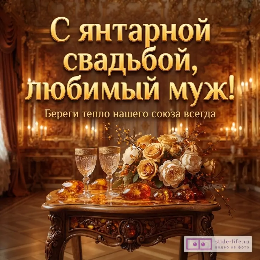 Открытка с янтарной свадьбой. Фон золотистый интерьер, свечи. На переднем плане стол с двумя бокалами, цветами и янтарем. Текст: «С янтарной свадьбой, любимый муж! Береги тепло нашего союза всегда»