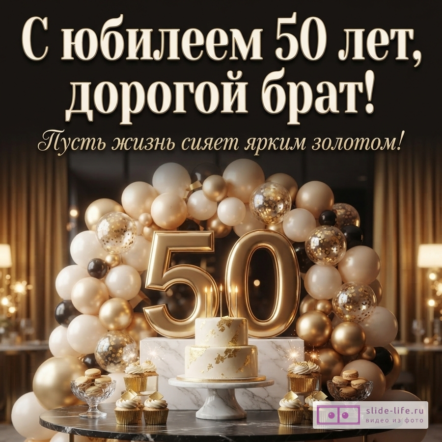 Черный фон, золотые и бежевые шары, золотые цифры «50», двухъярусный торт, капкейки. Надпись «С юбилеем 50 лет, дорогой брат! Пусть жизнь сияет ярким золотом!»