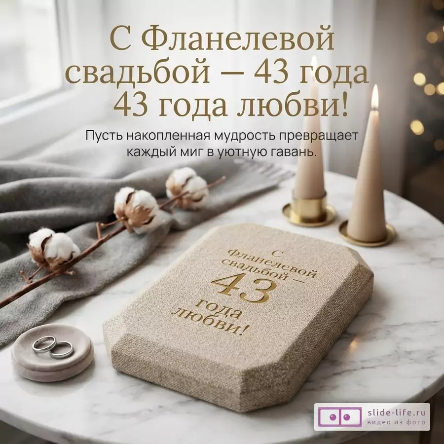 Белый фон, серый плед, ветка хлопка, две свечи, мраморный столик, шкатулка из ткани. Текст: «С Фланелевой свадьбой — 43 года 43 года любви! Пусть накопленная мудрость превращает каждый миг в уютную гавань.»