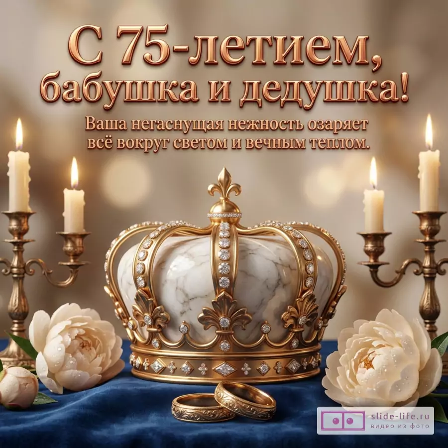 Золотая корона, обручальные кольца на синей ткани, белые пионы, свечи и надпись «С 75-летием, бабушка и дедушка! Ваша негаснущая нежность озаряет всё вокруг светом и вечным теплом.»