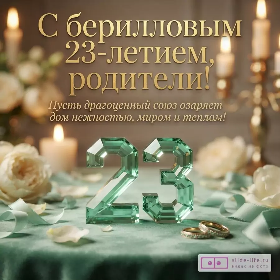 Зеленая хрустальная цифра 23, золотые кольца, свечи и белые розы с надписью «С берилловым 23-летием, родители! Пусть драгоценный союз озаряет дом нежностью, миром и теплом!»