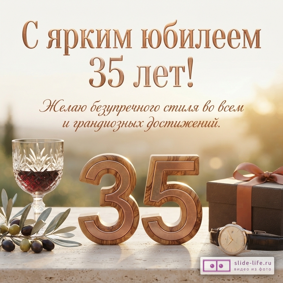 Объемные деревянные цифры 35, бокал вина, часы и подарок на светлом столе с текстом «С ярким юбилеем 35 лет! Желаю безупречного стиля во всем и грандиозных достижений.»