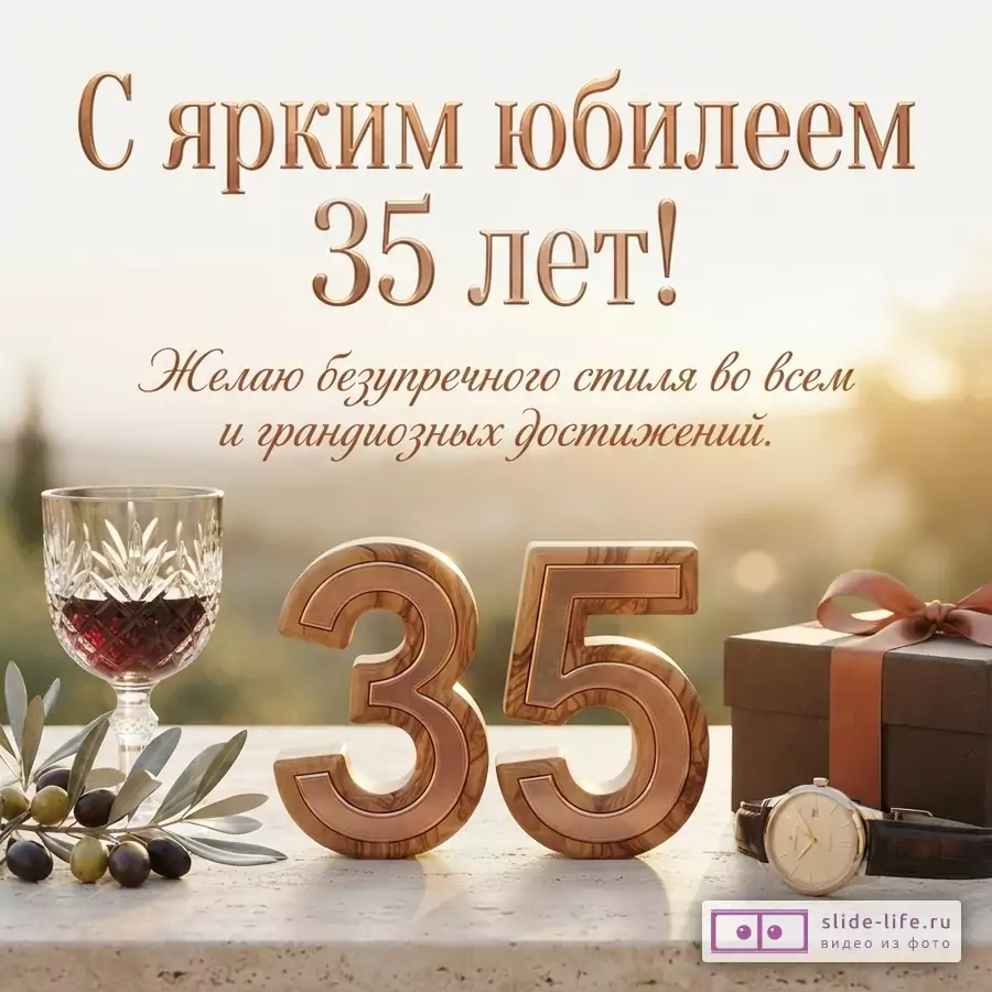 Объемные деревянные цифры 35, бокал вина, часы и подарок на светлом столе с текстом «С ярким юбилеем 35 лет! Желаю безупречного стиля во всем и грандиозных достижений.»