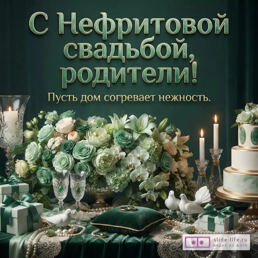 Оливково-зеленый фон, цветочная композиция с белыми и зелеными цветами, свечи, подарочные коробки, бокалы, белые декоративные птицы; текст «С Нефритовой свадьбой, родители! Пусть дом согревает нежность.»