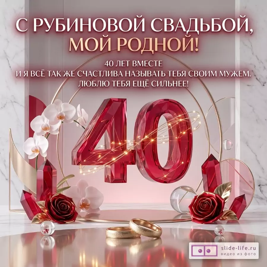 Розово-серый фон с мраморными вставками, рубиновая цифра 40, золотые кольца, белые орхидеи и красные розы. Текст: «С РУБИНОВОЙ СВАДЬБОЙ, МОЙ РОДНОЙ!», «40 ЛЕТ ВМЕСТЕ»