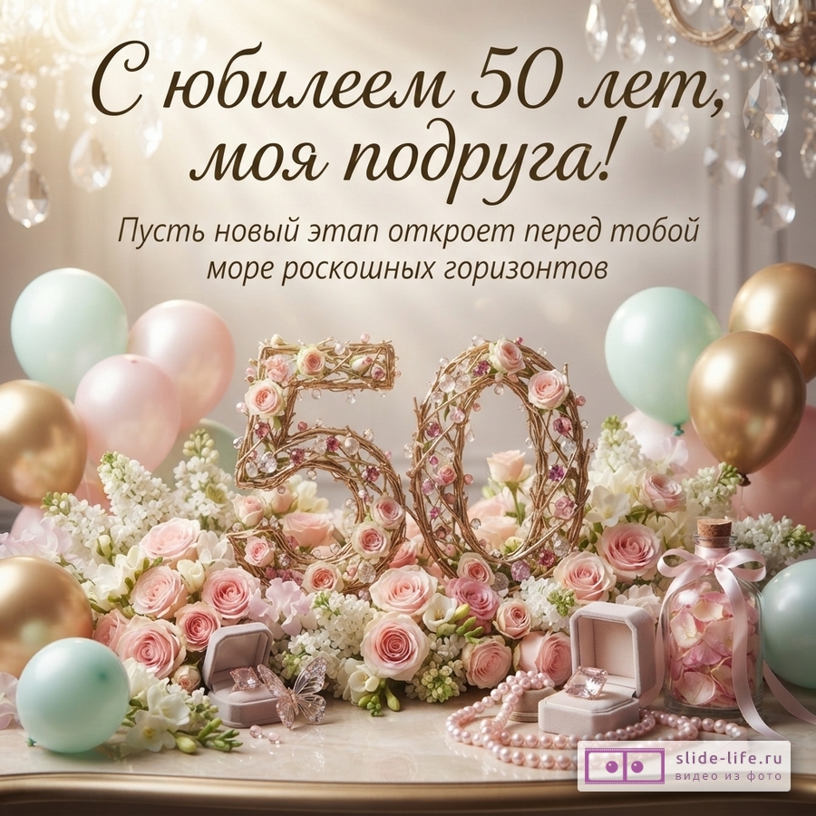 Фон светлый, бежевый. Вверху люстра. Шары розовые, золотые, мятные. Цветы белые, розовые. Бабочки, жемчуг, кольцо в коробочке. Текст: «С юбилеем 50 лет, моя подруга! Пусть новый этап откроет перед тобой море роскошных горизонтов»