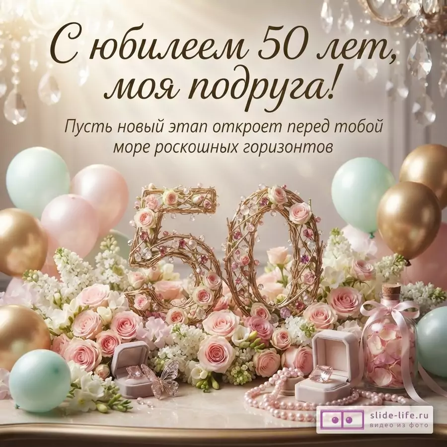 Фон светлый, бежевый. Вверху люстра. Шары розовые, золотые, мятные. Цветы белые, розовые. Бабочки, жемчуг, кольцо в коробочке. Текст: «С юбилеем 50 лет, моя подруга! Пусть новый этап откроет перед тобой море роскошных горизонтов»