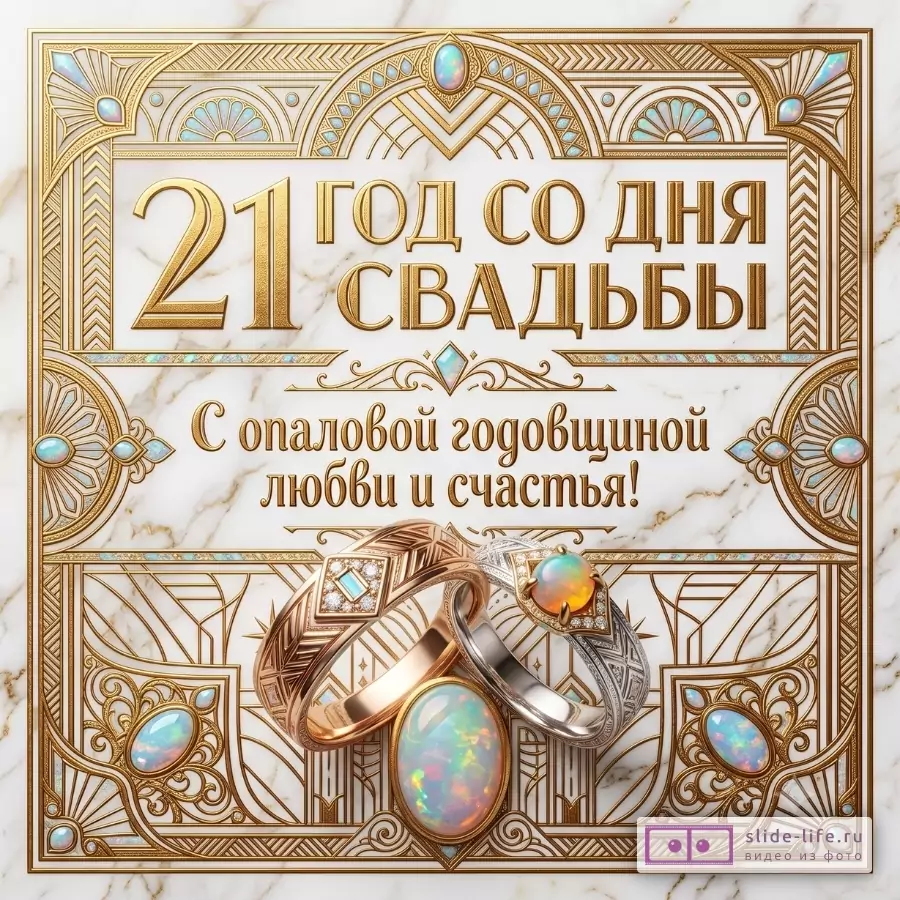 Белый мраморный фон, золотая декоративная рамка и узоры, кольца из розового и серебристого металла с опалами. Текст: «21 год со дня свадьбы» и «С опаловой годовщиной любви и счастья!»
