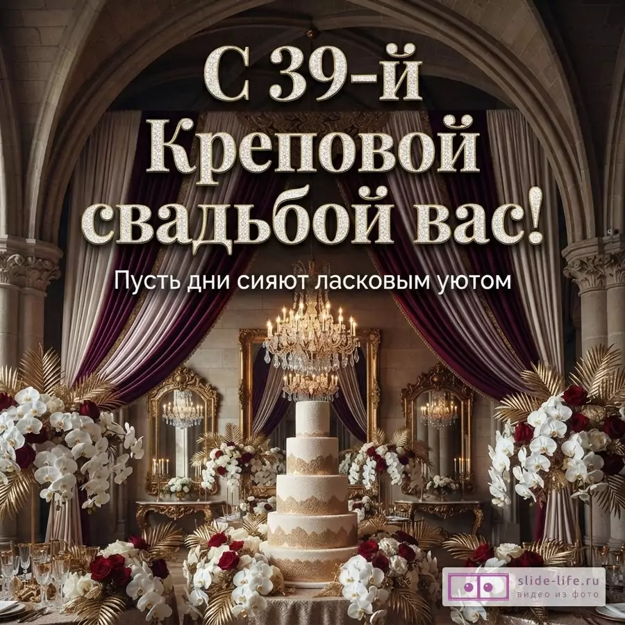 Интерьер банкетного зала с арками, бордовыми шторами, золотыми цветочными композициями, многоярусным тортом. Текст: «С 39-й Креповой свадьбой вас! Пусть дни сияют ласковым уютом»