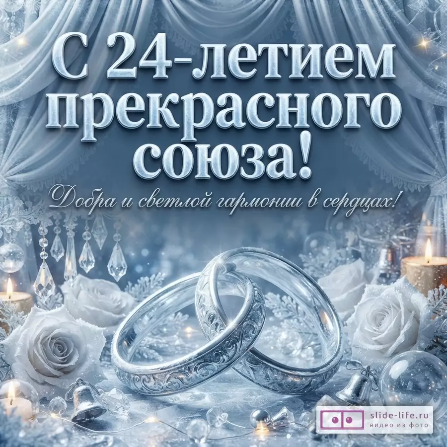 Открытка с 24-летием свадьбы на фоне голубых атласных драпировок, белых роз и зажженных свечей в канделябрах с надписью «С 24-летием прекрасного союза! Добра и светлой гармонии в сердца!».