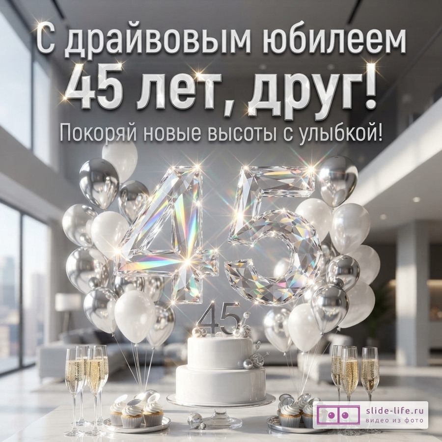 Открытка с надписью «С драйвовым юбилеем 45 лет, друг! Покоряй новые высоты с улыбкой!». На переднем плане большой торт, шампанское, кексы, воздушные шары белого и серебристого цвета, большие цифры 45 из прозрачного материала.