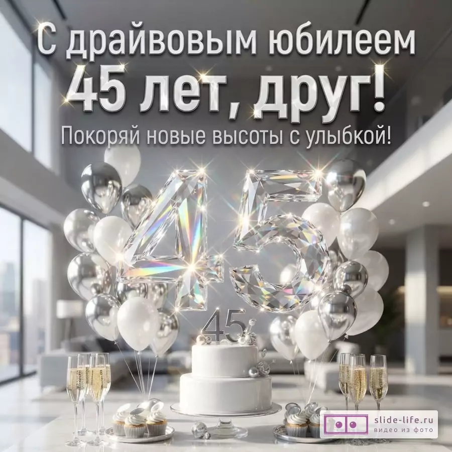 Открытка с надписью «С драйвовым юбилеем 45 лет, друг! Покоряй новые высоты с улыбкой!». На переднем плане большой торт, шампанское, кексы, воздушные шары белого и серебристого цвета, большие цифры 45 из прозрачного материала.