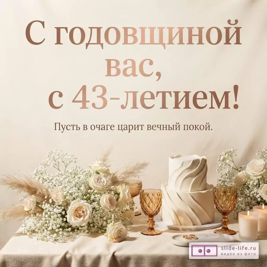 Бежевый фон, крупный коричневый текст «С годовщиной вас, с 43-летием! Пусть в очаге царит вечный покой.», цветы, свечи и двухъярусный торт на столе