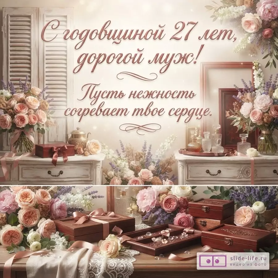 Светлый фон, цветочные композиции с розовыми и сиреневыми цветами. Деревянные шкатулки, флаконы. Текст: «С годовщиной 27 лет, дорогой муж! Пусть нежность согревает твое сердце.»