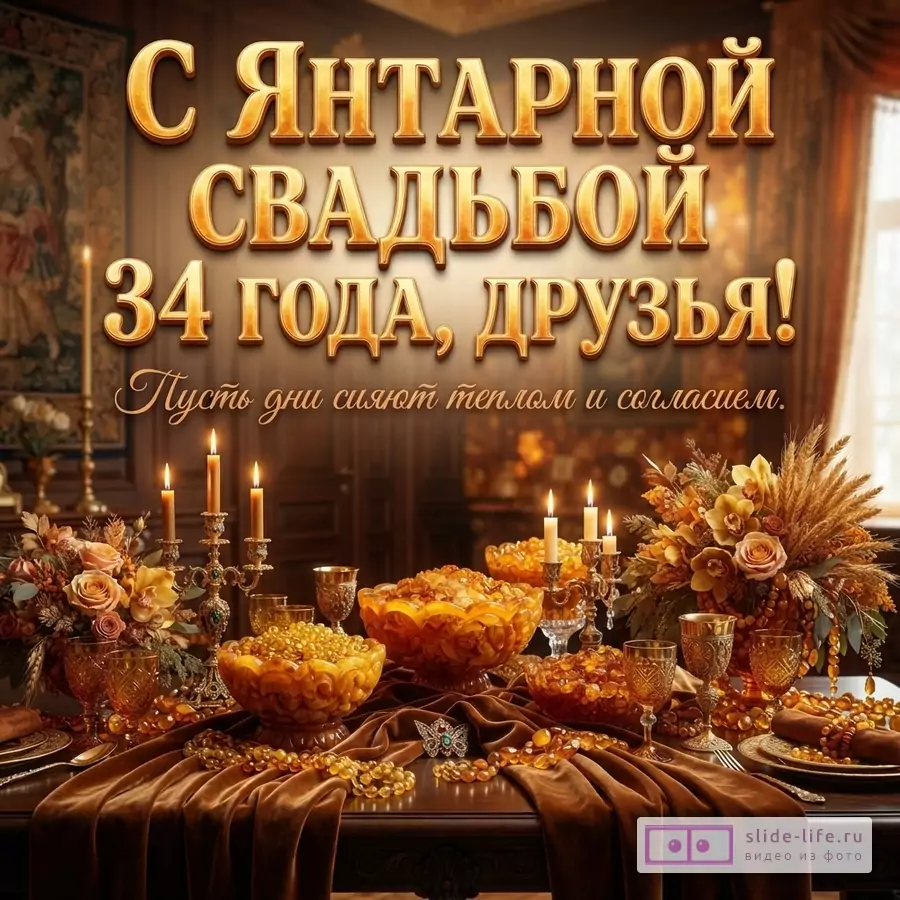 Открытка с янтарной свадьбой, фон коричневый, золотые буквы, на переднем плане стол с янтарными украшениями и свечами, текст «С Янтарной свадьбой 34 года, друзья! Пусть дни сияют теплом и согласием.»