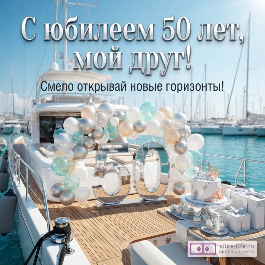 Яхта в море, на палубе цифры 50, воздушные шары белого, золотого, бирюзового и серебряного цветов, торт, подарки. Текст: «С юбилеем 50 лет, мой друг! Смело открывай новые горизонты!»