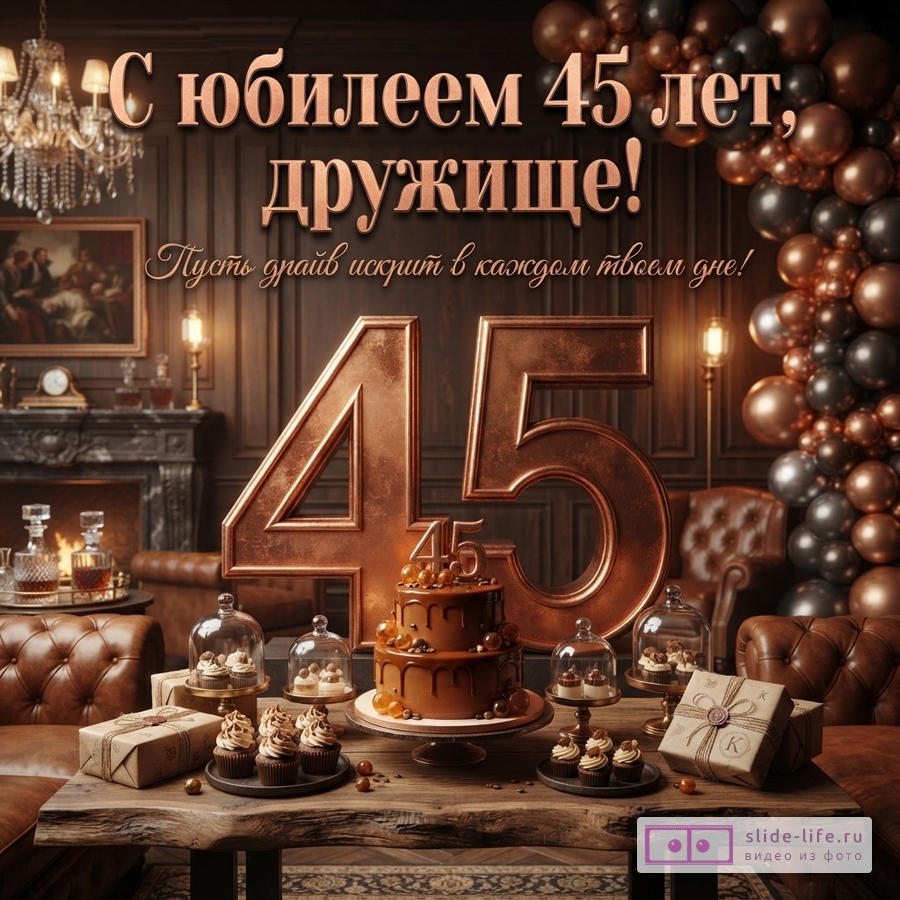 Интерьер комнаты в коричневых тонах, на деревянном столе торт, кексы, подарки. На заднем плане большие цифры 45. Наверху надпись «С юбилеем 45 лет, дружище! Пусть драйв искрит в каждом твоем дне!»