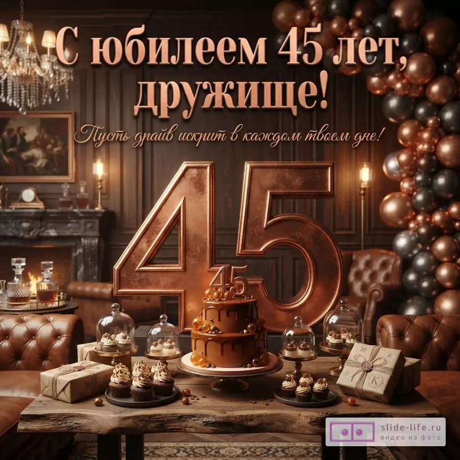Интерьер комнаты в коричневых тонах, на деревянном столе торт, кексы, подарки. На заднем плане большие цифры 45. Наверху надпись «С юбилеем 45 лет, дружище! Пусть драйв искрит в каждом твоем дне!»