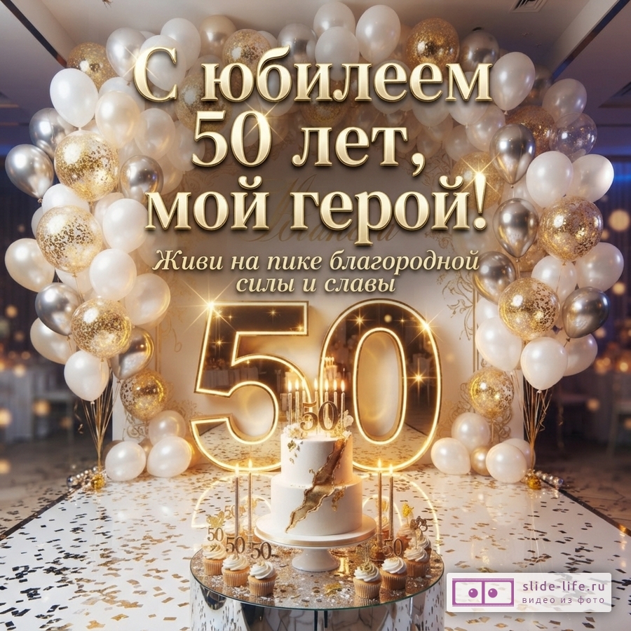 Фон из белых, золотых и серебряных шаров, золотые цифры «50», белый торт с золотым декором, кексы. Текст: «С юбилеем 50 лет, мой герой! Живи на пике благородной силы и славы»