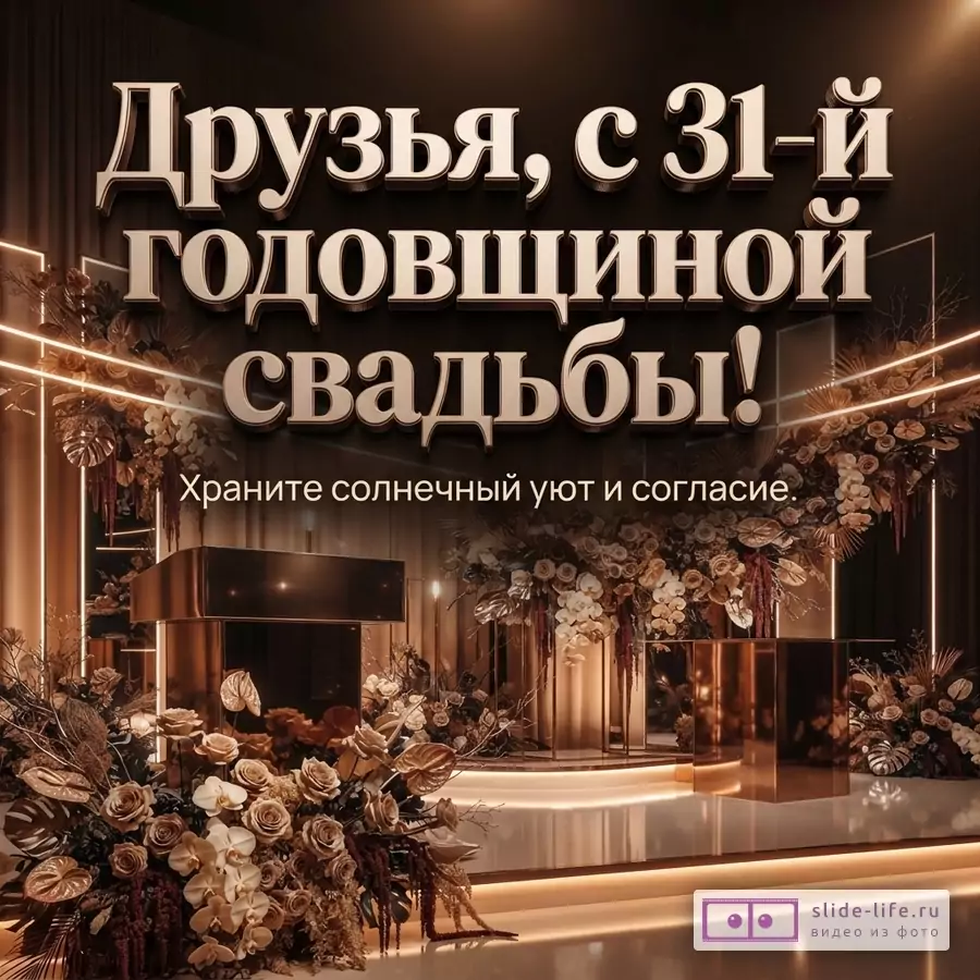 Тёмный фон, золотистая свадебная композиция, крупная надпись «Друзья, с 31-й годовщиной свадьбы!», ниже текст «Храните солнечный уют и согласие.»