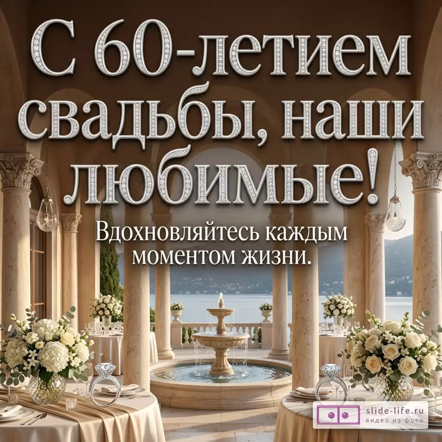 Арки и колонны у воды, фонтан в центре, столы с белыми скатертями и белыми цветами, подвесные лампы, серо-бежевый фон, текст «С 60-летием свадьбы, наши родные! Вдохновляйтесь каждым мгновением жизни.»