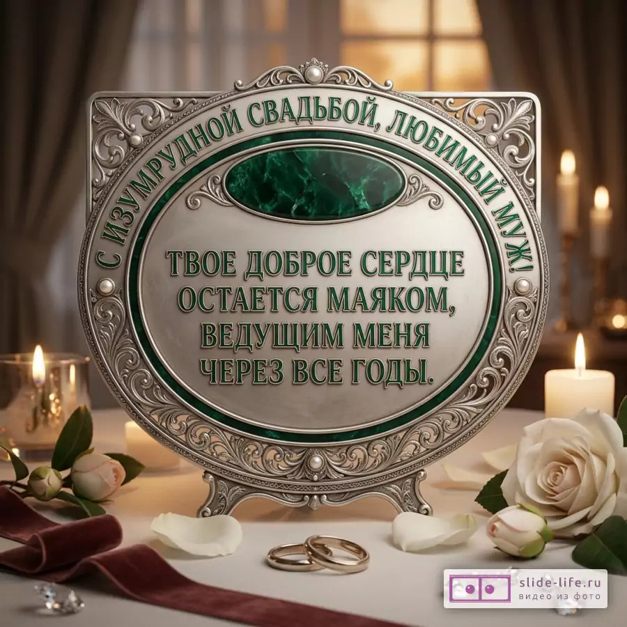 Круглая серебристая декоративная открытка с зеленой вставкой, белый фон, свечи, белые розы, лепестки, обручальные кольца, текст «С ИЗУМРУДНОЙ СВАДЬБОЙ, ЛЮБИМЫЙ МУЖ! ТВОЕ ДОБРОЕ СЕРДЦЕ ОСТАЕТСЯ МАЯКОМ, ВЕДУЩИМ МЕНЯ ЧЕРЕЗ ВСЕ ГОДЫ.»