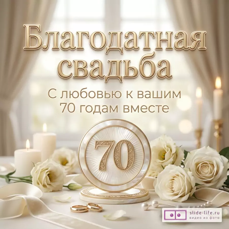 Светлый бежево-кремовый фон, шторы, свечи, белые розы, лента, жемчуг, кольца, декоративная тарелка с числом 70, текст «Благодатная свадьба С любовью к вашим 70 годам вместе»