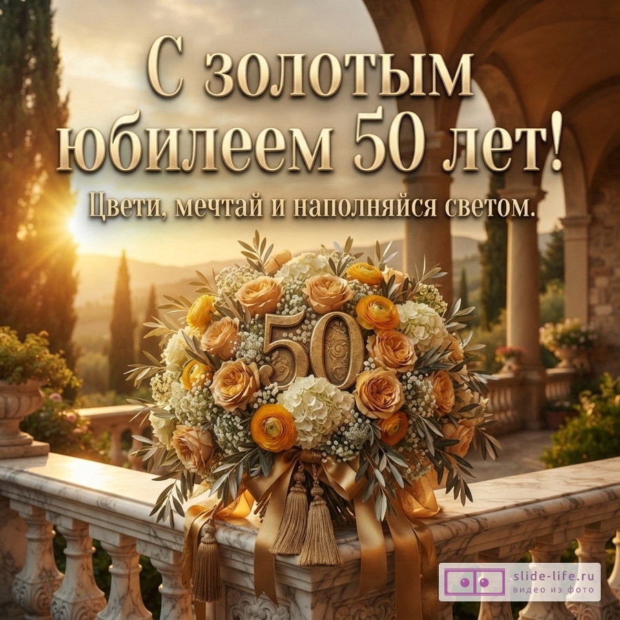 Открытка с золотым юбилеем 50 лет на фоне заката и итальянской виллы, на мраморном парапете стоит букет из персиковых роз, белых гортензий и зелени с золотыми цифрами «50» и золотыми лентами. Текст: «С золотым юбилеем 50 лет! Цвети, мечтай и наполняйся светом.»