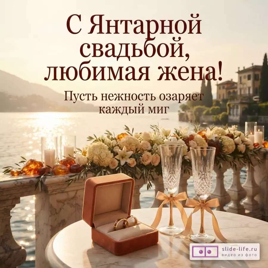 Фон с озером и горами на закате, на переднем плане балкон с цветами, свечами, янтарем, двумя бокалами и открытой коробочкой с кольцами. Текст: «С Янтарной свадьбой, любимая жена! Пусть нежность озаряет каждый миг»