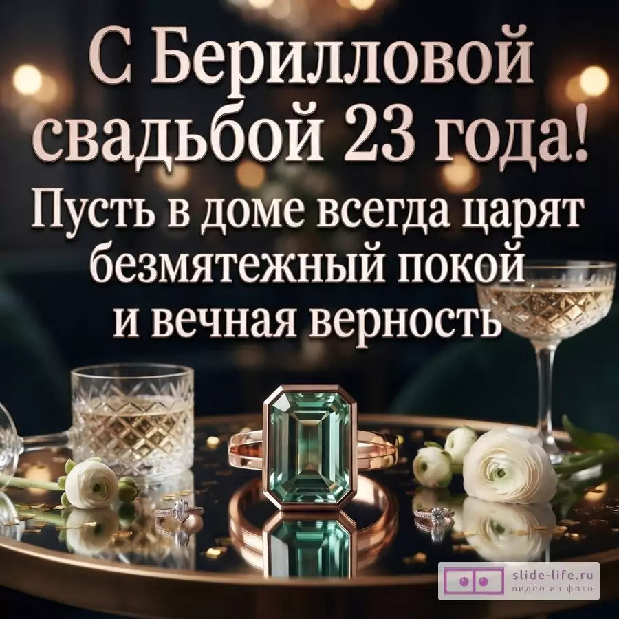 Бокалы с шампанским, белые ранункулюсы, обручальные кольца и кристалл берилла на столике. Надпись: «С Бериллиевой свадьбой 23 года! Пусть в доме всегда царят безмятежный покой и вечная верность.»