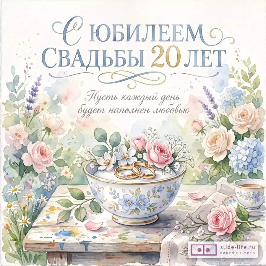 Акварельный бело-пастельный фон, цветы, фарфоровая чаша с двумя кольцами, чашка чая. Текст: «С ЮБИЛЕЕМ СВАДЬБЫ 20 ЛЕТ», «Пусть каждый день будет наполнен любовью»